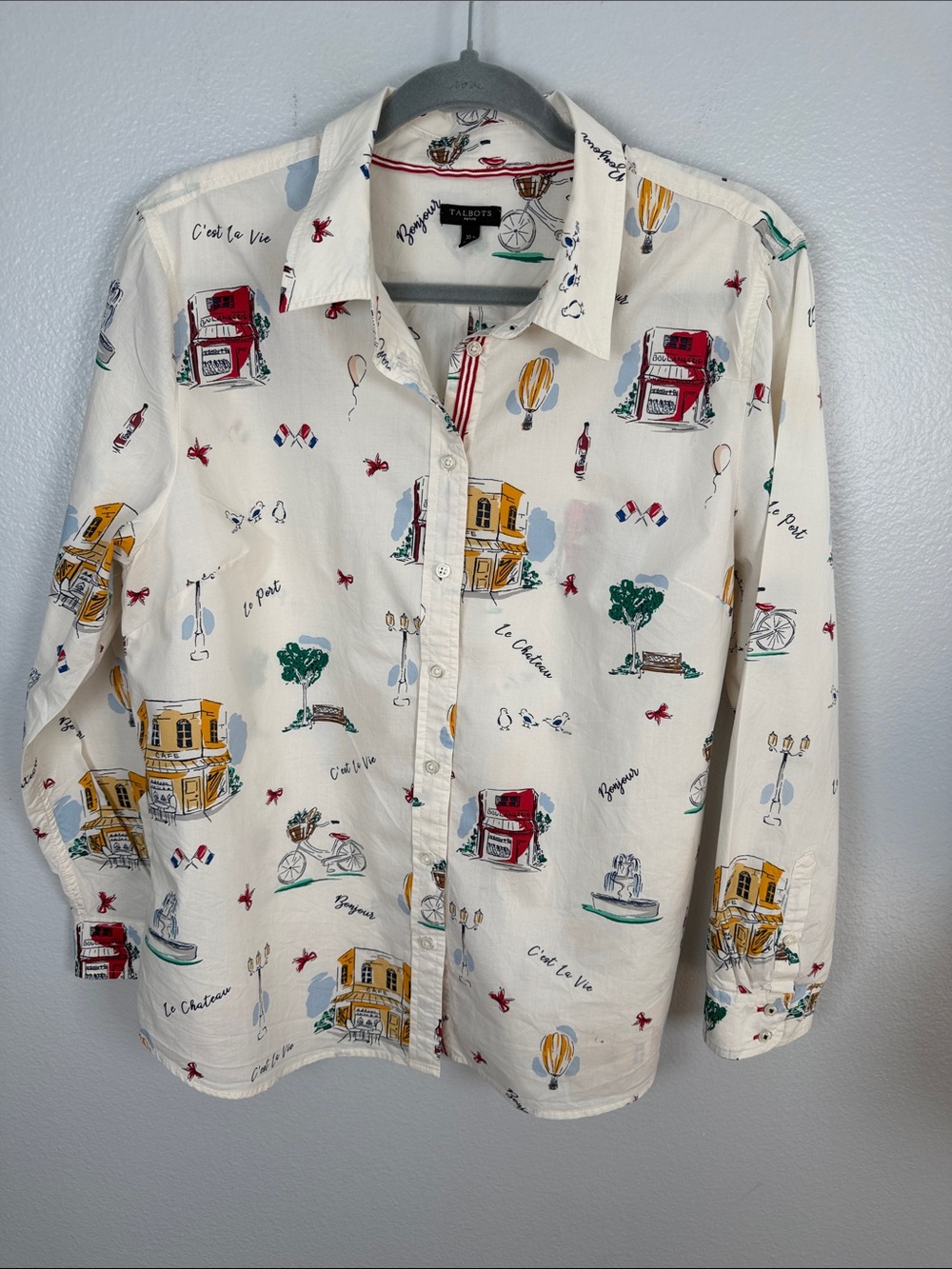 Talbots Women’s Parisian Novelty Print Cotton Button front Blouse XL Petite